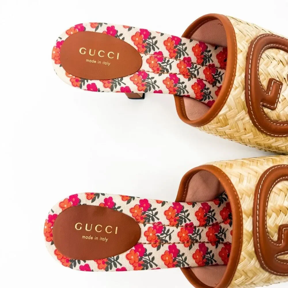 Gucci Mabel GG Logo Raffia Sandals Slip On Mules EU 39.5 US 9.5 - Picture 8 of 11
